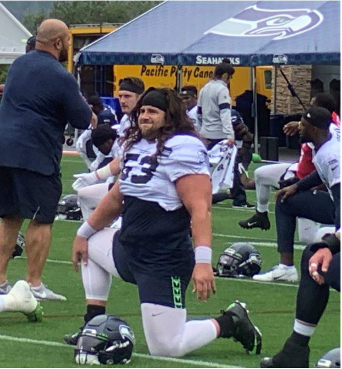 Reserve center Joey Hunt at the start of practice Thursday at Seahawks headquarters in Renton. He may have secured his place on the Seattle’s regular-season roster with a hustle play in Sunday’s preseason game at Minnesota. Coach Pete Carroll has been raving about it this week.