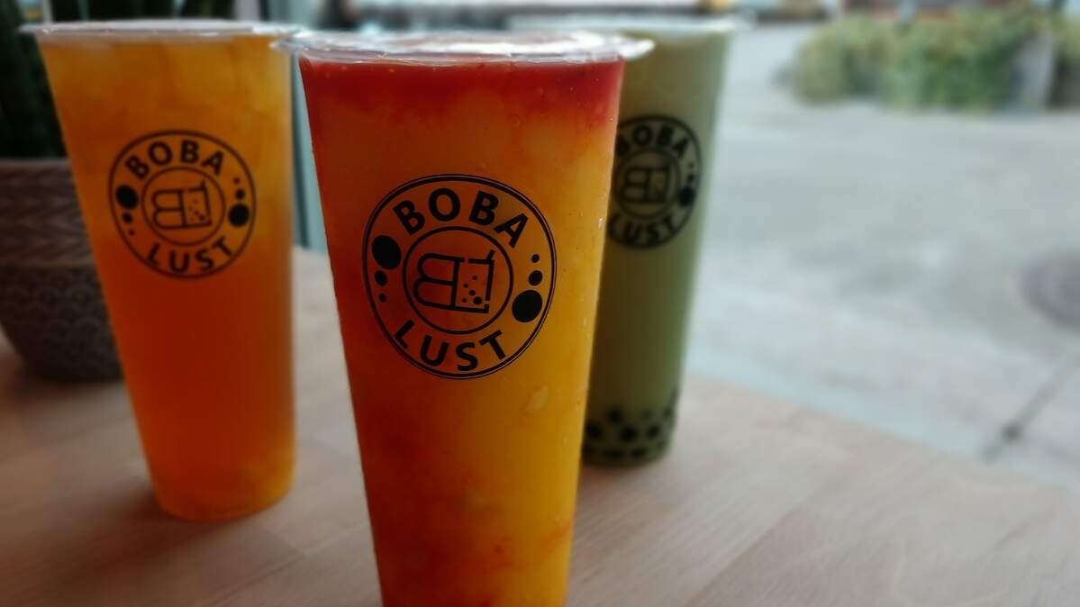A trio of teas and smoothies from Bobalust Tea House on the Foss Waterway in Tacoma.