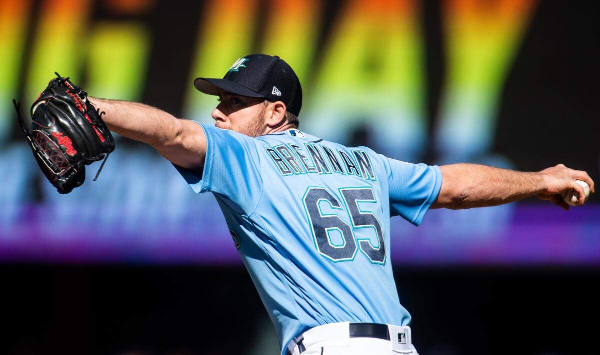 Mariners reliever Brandon Brennan throws a pitch. The Seattle Mariners played the San Diego Padres in a exhibition baseball game at T-Mobile Park in Seattle, Wash., on Tuesday, March 26, 2019.