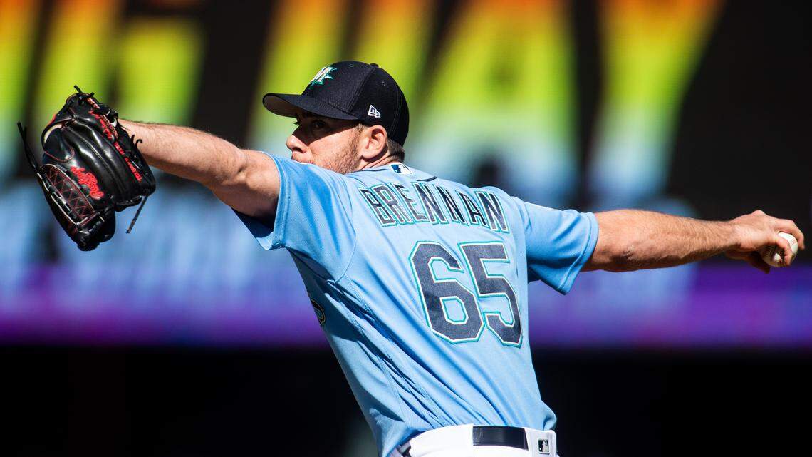 Mariners reliever Brandon Brennan throws a pitch. The Seattle Mariners played the San Diego Padres in a exhibition baseball game at T-Mobile Park in Seattle, Wash., on Tuesday, March 26, 2019.