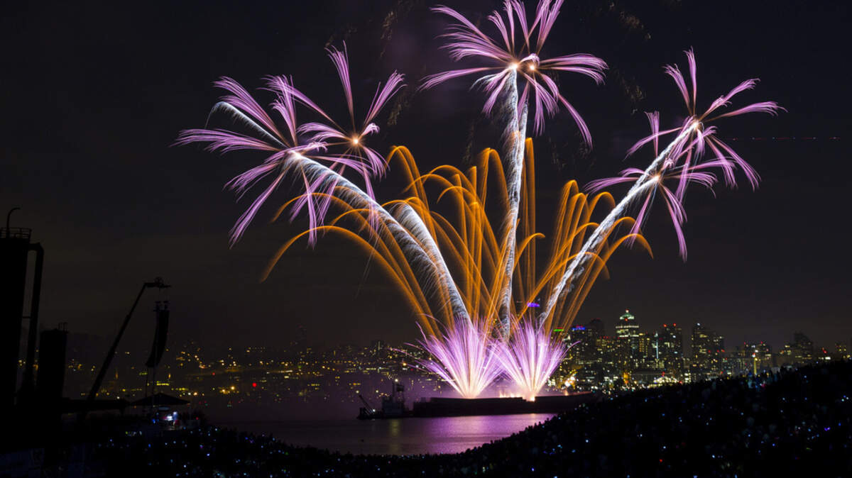 FILE - Fireworks explode over Lake Union during the Seafair Summer Fourth event, July 4, 2013, as seen from Gas Works Park in Seattle, Wash. (Jordan Stead/seattlepi.com via AP, File)