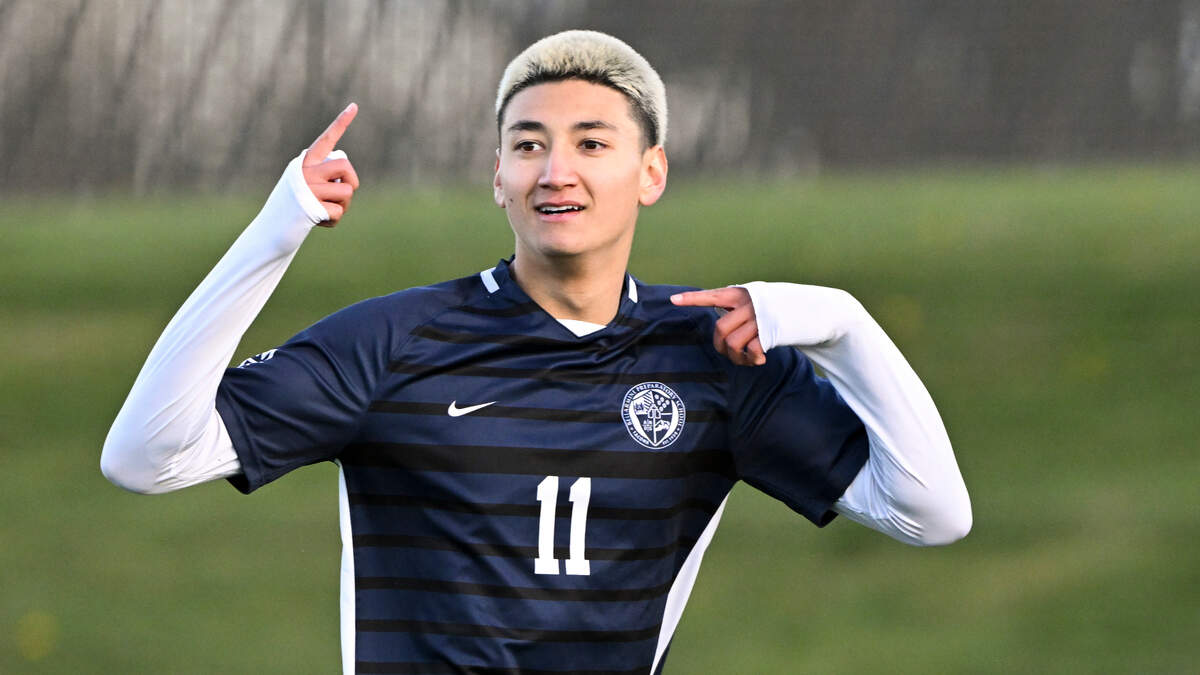 Bellarmine Prep midfielder Jaggar Judkins (11) celebrates his first of two goals against Puyallup during the match at Bellarmine Preparatory School, on Tuesday, April 16, 2024, in Tacoma, Wash.