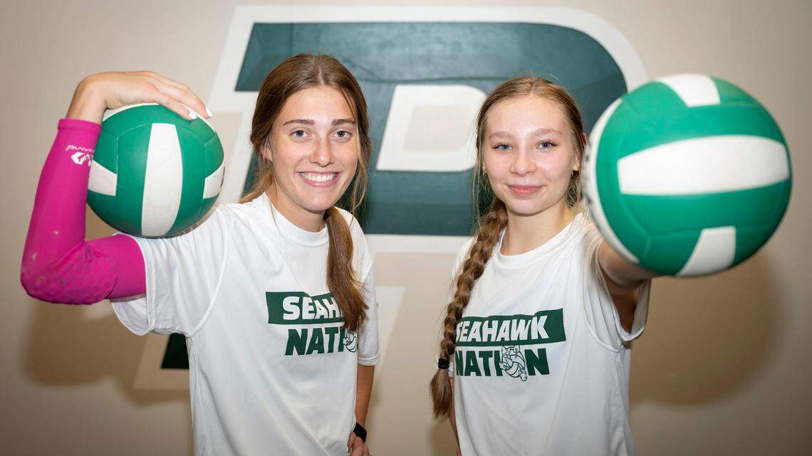Peninsula junior Langley Griffin (left) and senior Kadence Stoddard pose for a portrait on Wednesday afternoon at Peninsula High School in Gig Harbor. Griffin and Stoddard have been essential in the Seahawks’ domination of the 3A South Sound Conference this season.