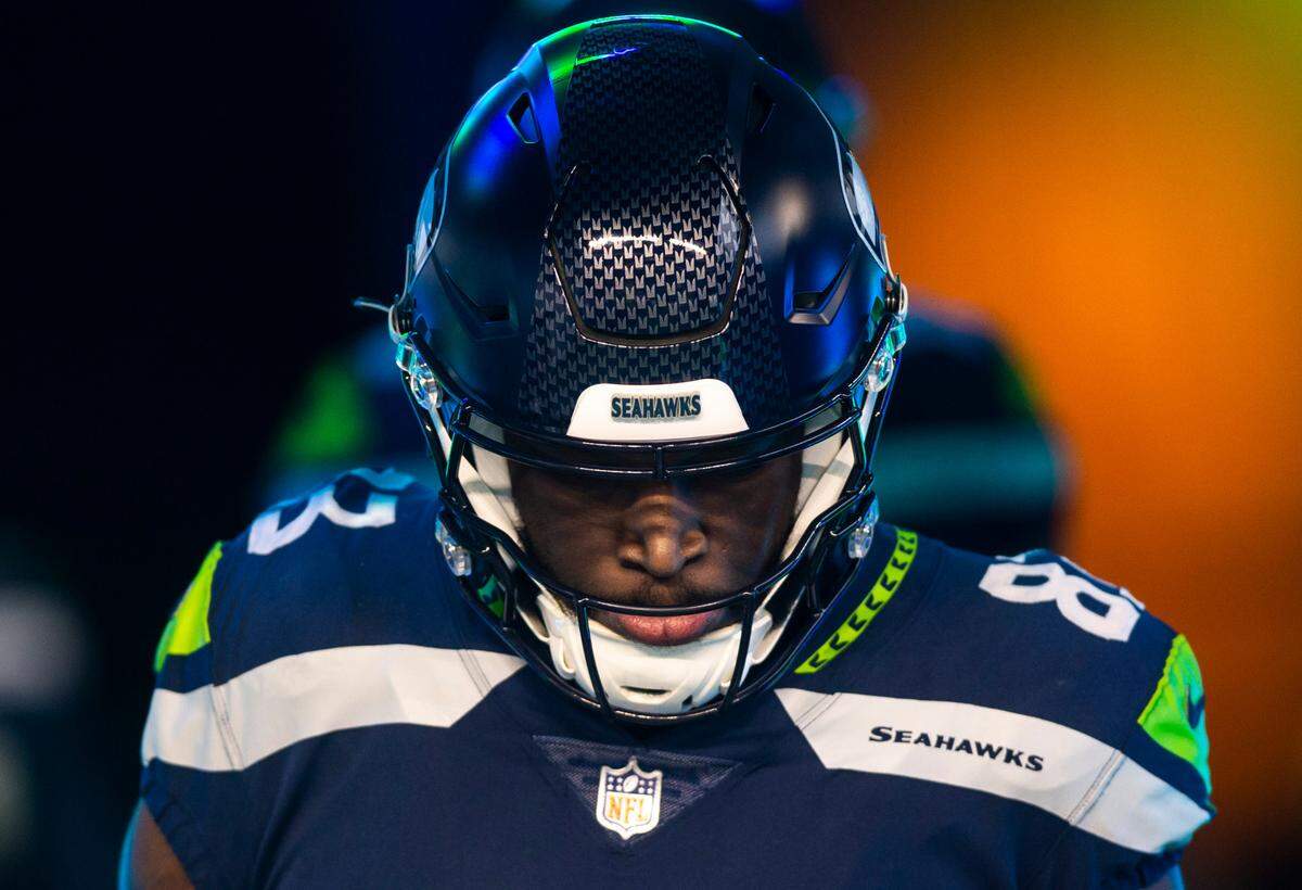 Seattle Seahawks wide receiver Dareke Young (83) walks out of the tunnel before the start of an NFL game against the Carolina Panthers at Lumen Field in Seattle Wash., on Dec. 11, 2022. The Seahawks lost to the Panthers 24-30.