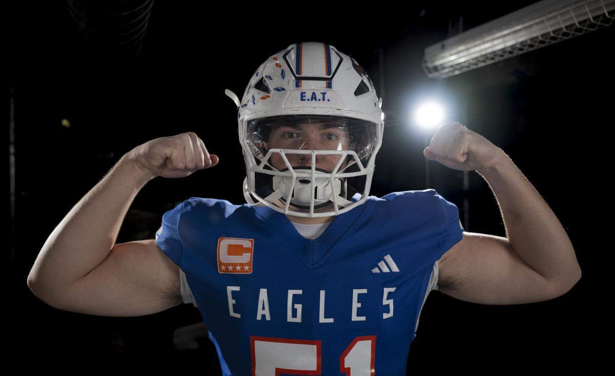 Graham-Kapowsin senior center Douglas Peterson poses for a portrait after being selected as first-time offense for The News Tribune’s 2025 All-Area football team at Mount Tahoma High School, on Sunday, Dec. 7, 2025, in Tacoma, Wash.