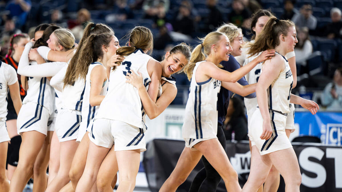 Gonzaga Prep celebrates their victory over Davis during the semifinals game of the Class 4A state tournament at the Tacoma Dome, on Friday, March 1, 2024, in Tacoma, Wash.