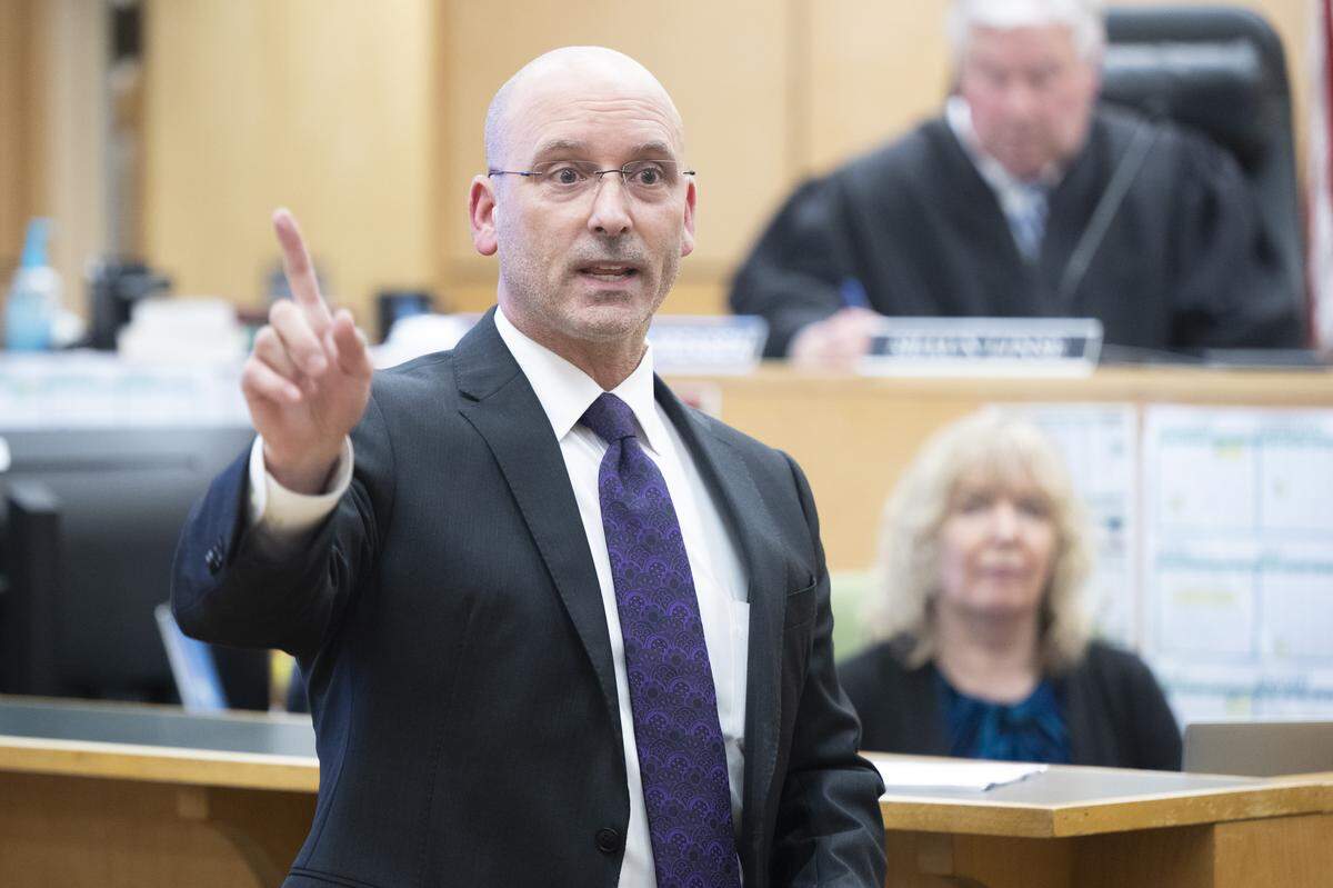 Defense attorney Jared Ausserer gives closing arguments in Nathan Louis Mapp’s murder trial on Tuesday, March 24, 2026, at Pierce County Superior Court in Tacoma. Mapp, 45, is accused of second-degree murder for fatally shooting his ex-girlfriend, Tamrah Dickman.