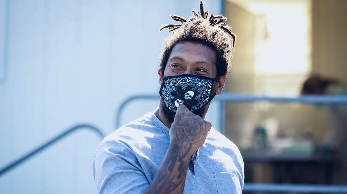 Linebacker Bruce Irvin in front of the COVID-19 testing trailer set up outside the Seahawks’ team facility in Renton. Irvin, who signed back with the team this offseason after years away, and the rest of the Seahawks reported for training camp July 28.