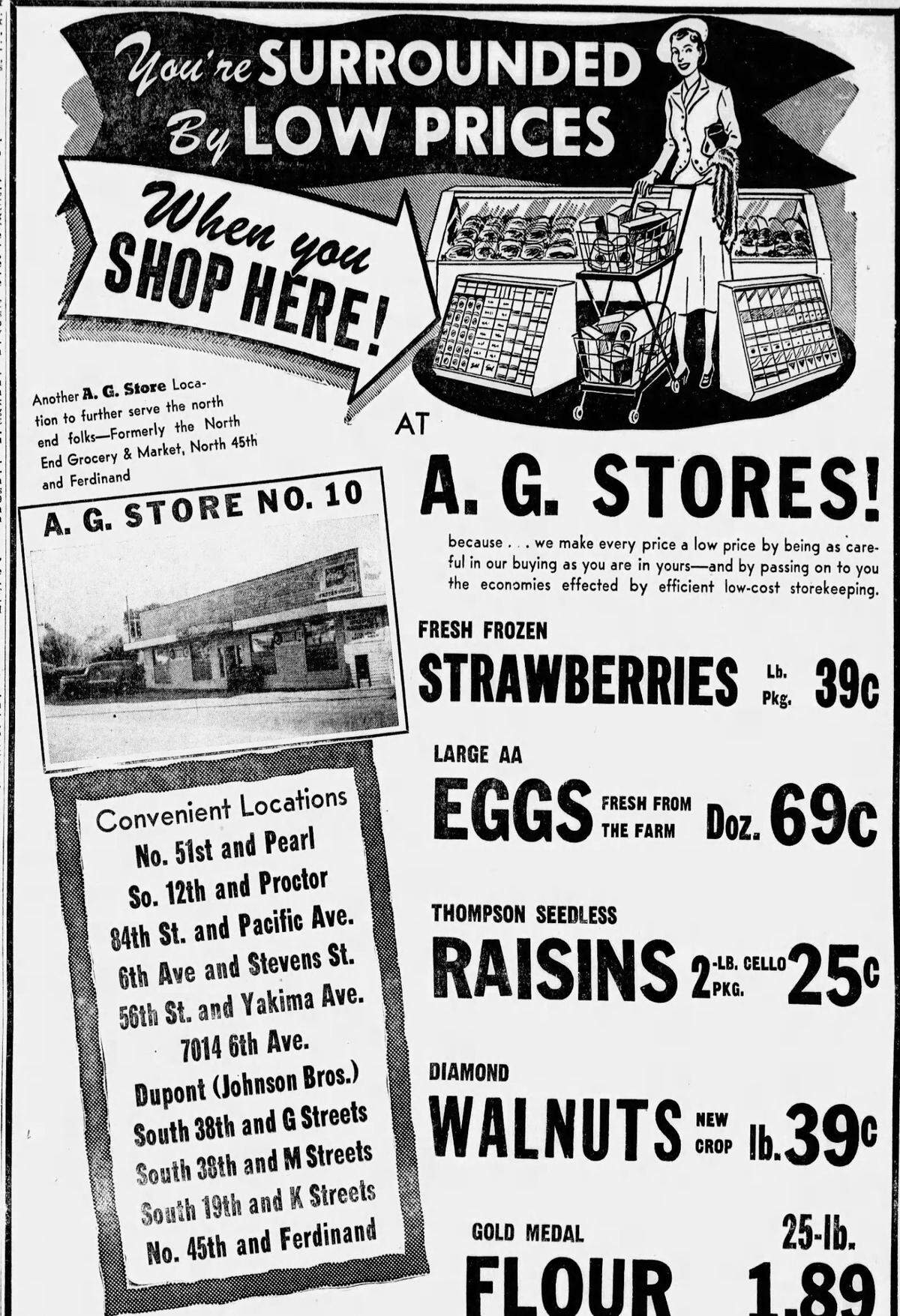A 1948 ad in The News Tribune shows the building now home to Delightful Market. Then an A.G. Store, the address was 4329 N Ferdinand St.