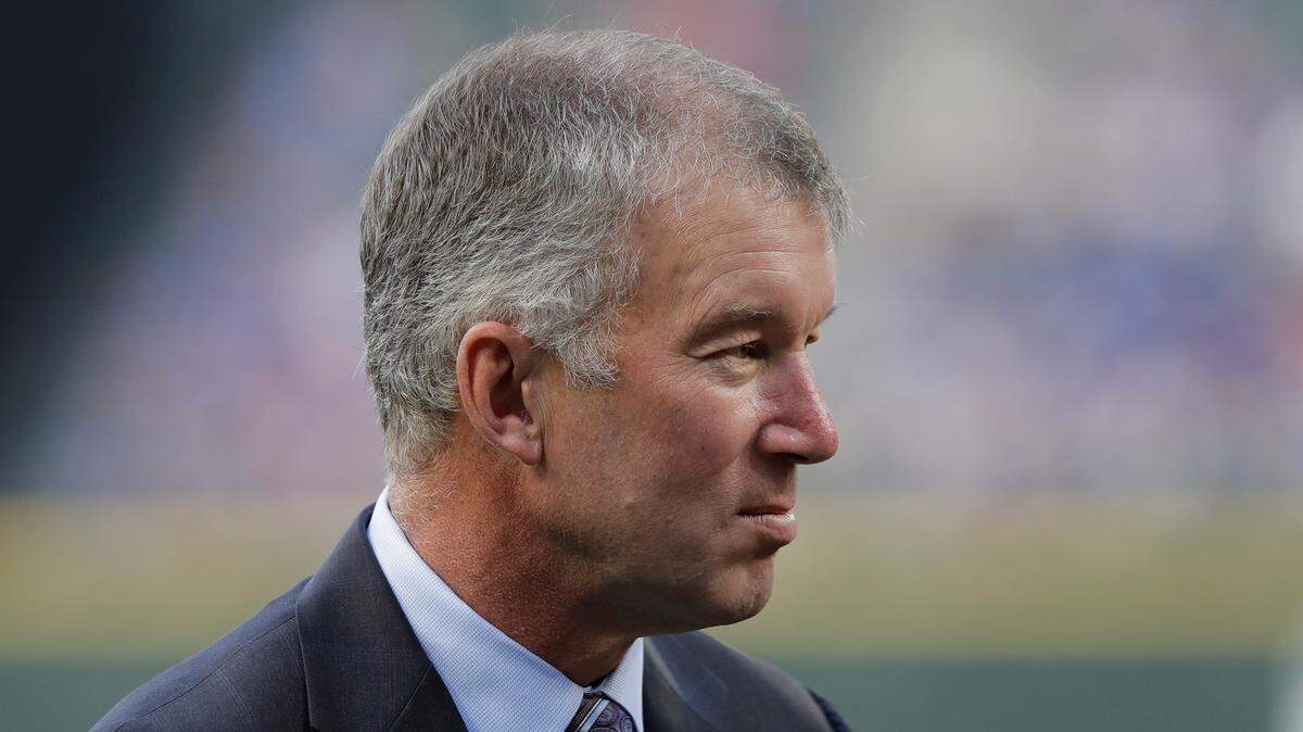 Seattle Mariners president Kevin Mather stands on the field before a baseball game against the Toronto Blue Jays, Friday, Aug. 3, 2018, in Seattle. (AP Photo/Ted S. Warren)
