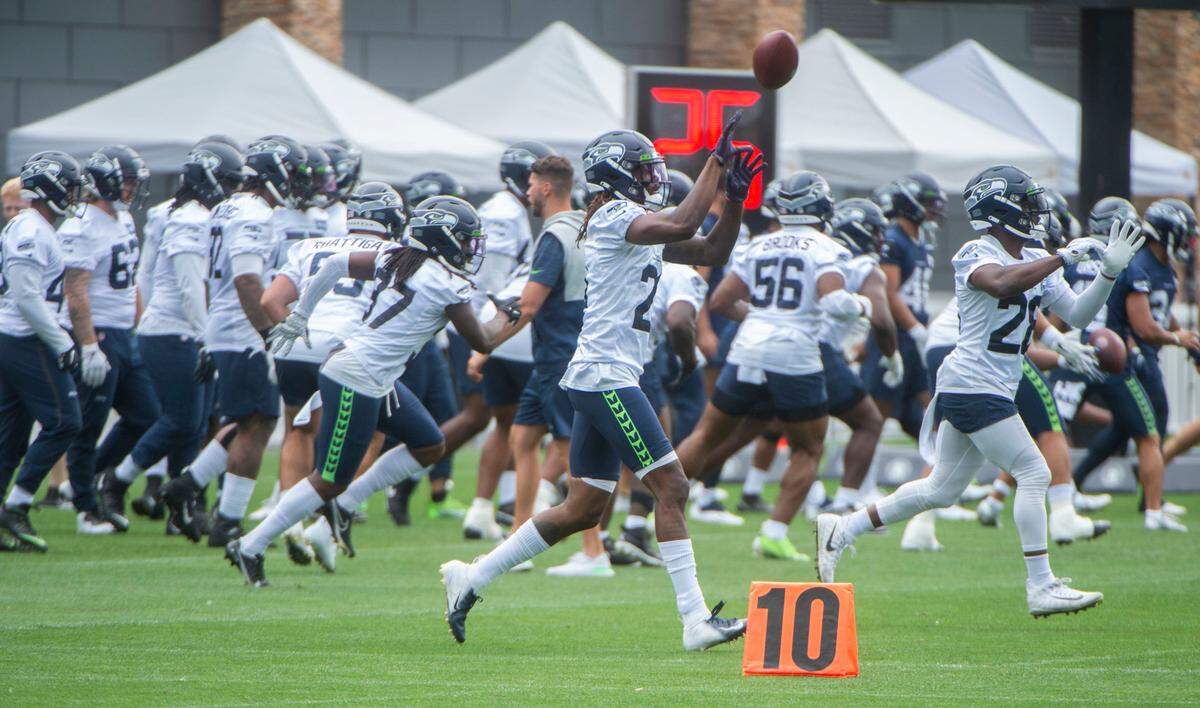 Seattle cornerback Tre Flowers participates in a drill on the fourth day of Seahawks training camp Saturday, July 31, 2021 at the VMAC in Renton.