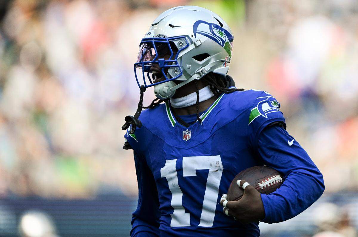 Seattle Seahawks linebacker Jerome Baker (17) holds onto a fumble recovery during the third quarter of the game against the Denver Broncos at Lumen Field, on Sunday, Sept. 8, 2024, in Seattle, Wash.