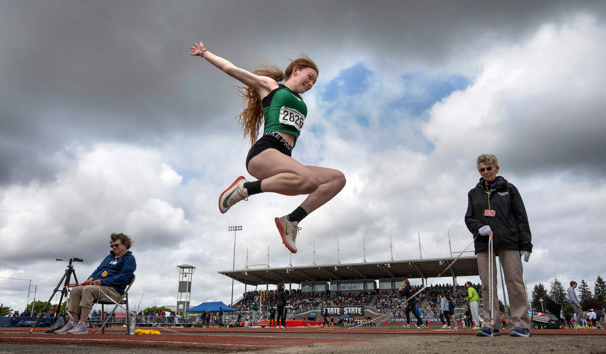 Tumwater’s Alyssa Duncan jumps to a second-place finish in the 2A girls long jump competition during the second day of the WIAA State Track and Field Championships at Mount Tahoma High School in Tacoma, Washington on Friday, May 27, 2022.