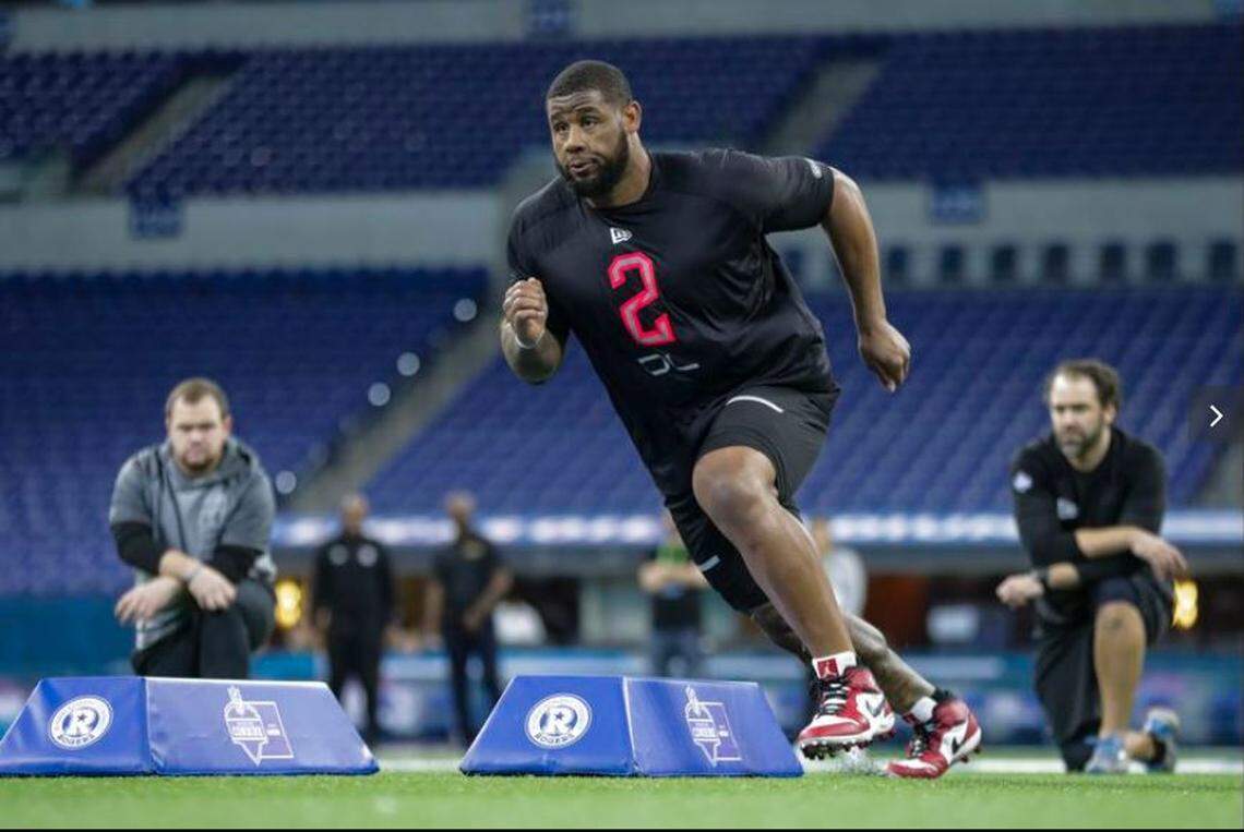 TCU defensive tackle Ross Blacklock runs a drill at the NFL scouting combine in Indianapolis in late February. The Seahawks need defensive tackles, and Blacklock could be available at the end of the first round on April 23. That is, if the Seahawks don’t trade out of the first round again.