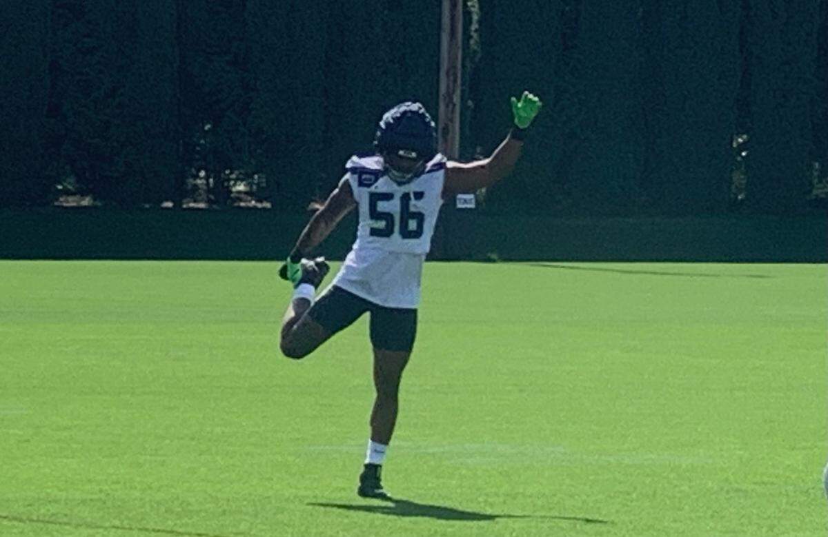 New linebacker Trevis Gipson warms up for his first Seattle Seahawks practice at the Virginia Mason Athletic Center in Renton Aug. 27, 2024, one day after the team acquired him in a trade from the Jacksonville Jaguars.