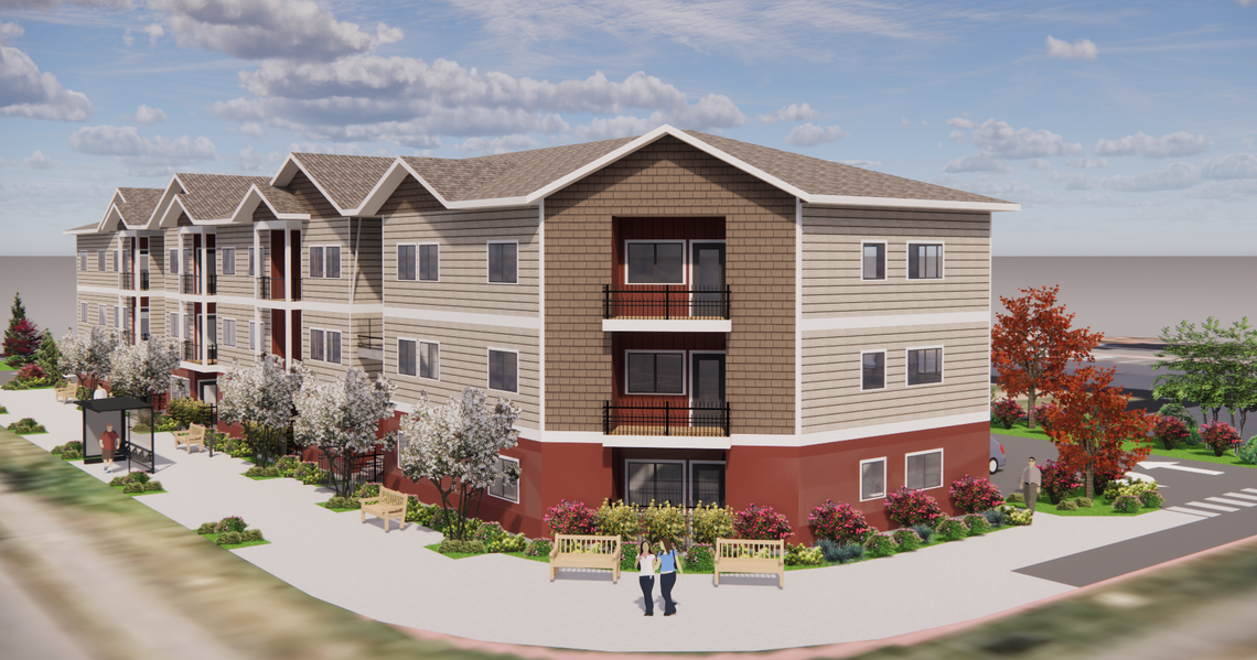 A rendering shows Huber Properties LLC’s plans to build apartments at 201 Fifth Ave. NE in downtown Puyallup.