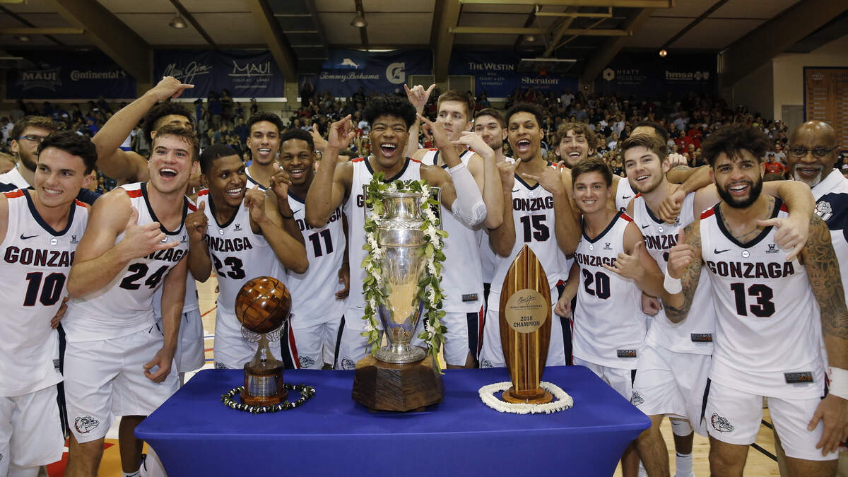 Gonzaga players celebrate after defeating Duke 89-87 in an NCAA college basketball game to win the Maui Invitational, Wednesday, Nov. 21, 2018, in Lahaina, Hawaii. (AP Photo/Marco Garcia)