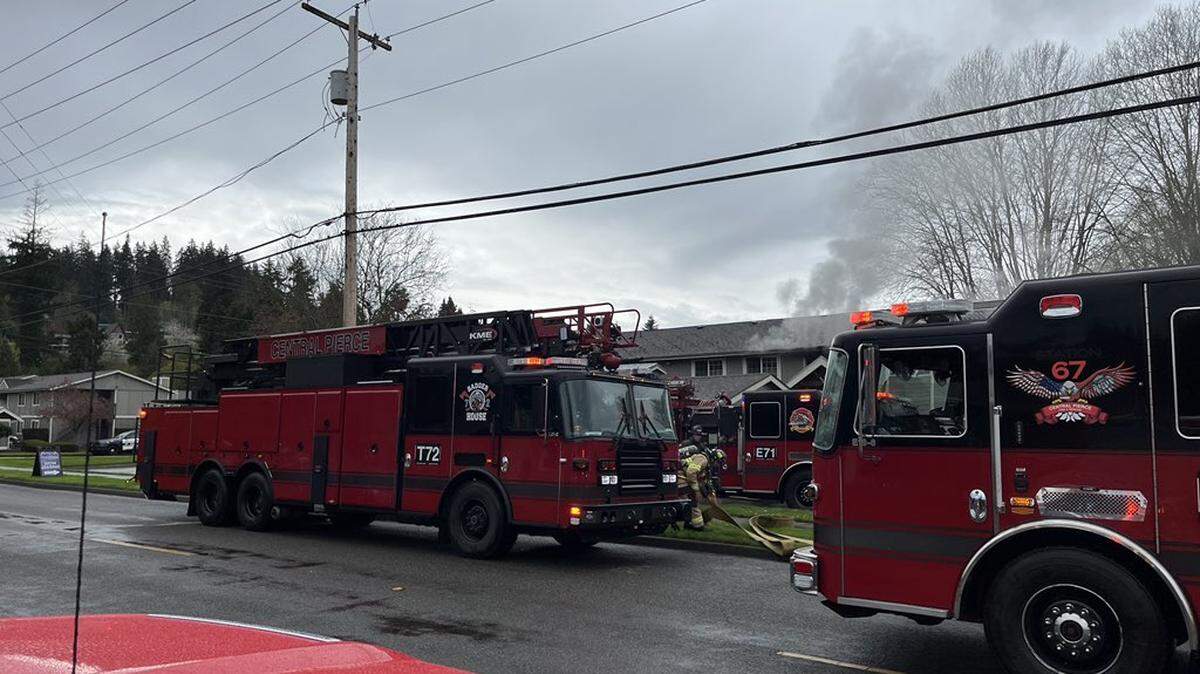 Several roads in Puyallup were closed as emergency crews worked on a fire at an apartment building on April 7, 2025.
