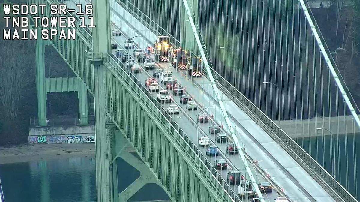Crews perform emergency repairs on Jan. 31, 2024 on the Narrows Bridge. 