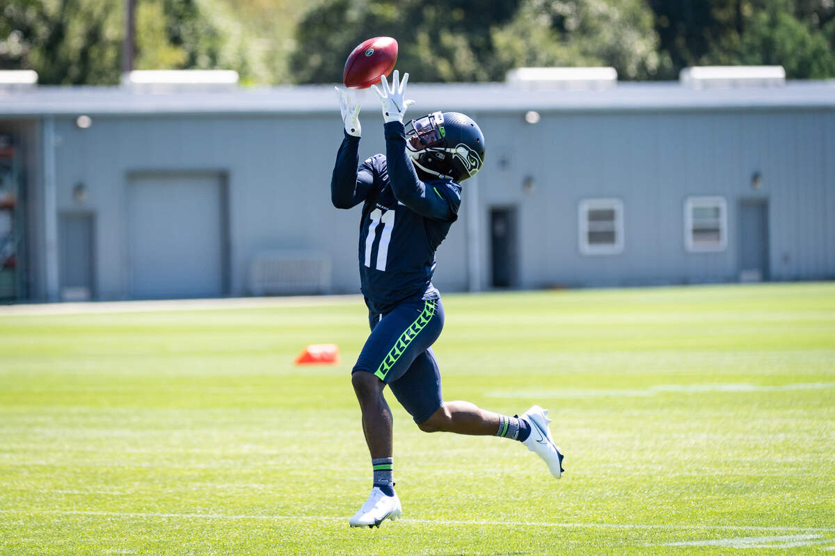 Seattle Seahawks wide receiver Phillip Dorsett II (11) catches a pass during training camp practice at the Virginia Mason Athletic Center in Renton, WA on August 14, 2020. (MANDATORY CREDIT Ñ ROD MAR/SEATTLE SEAHAWKS)
