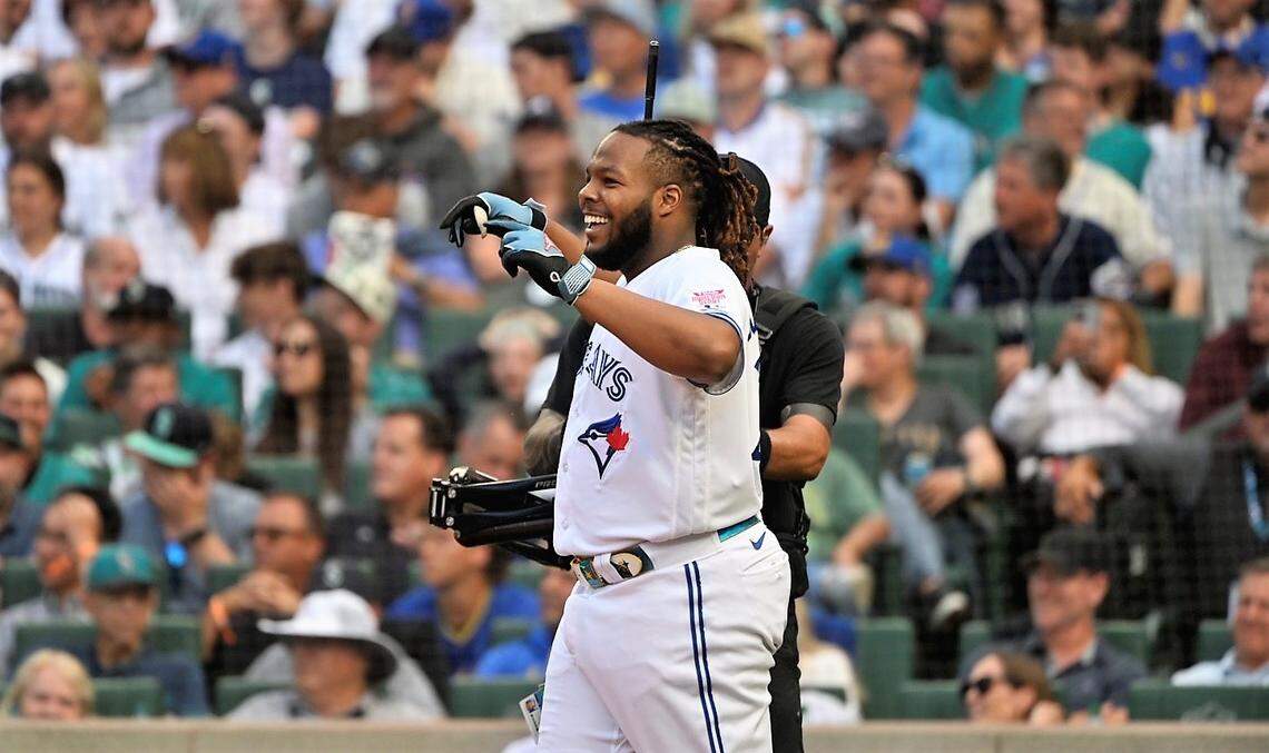 Toronto’s Vladimir Guerrero Jr. smiles after advancing to the finals of the 2023 MLB Home Run Derby at T-Mobile Park in Seattle on Monday, July 10, 2023.