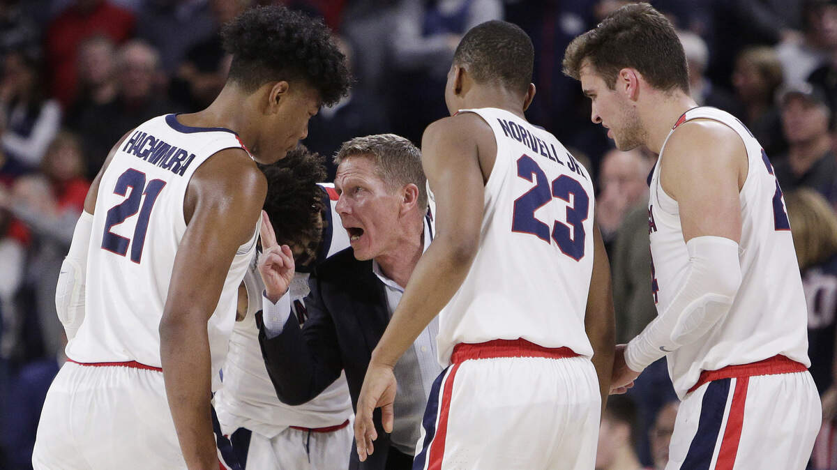 Gonzaga head coach Mark Few instructs his players during the second half of an NCAA college basketball game against Washington in Spokane, Wash., Wednesday, Dec. 5, 2018. Gonzaga won 81-79. (AP Photo/Young Kwak)