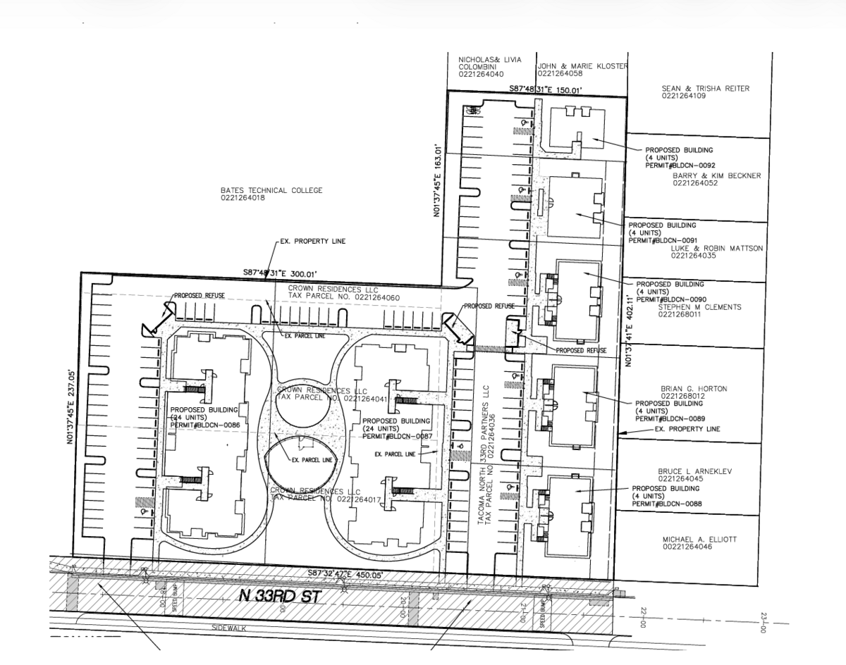 An early rendering submitted to the City of Tacoma shows apartment buildings and four-plexes across two parcels in the city’s West End.