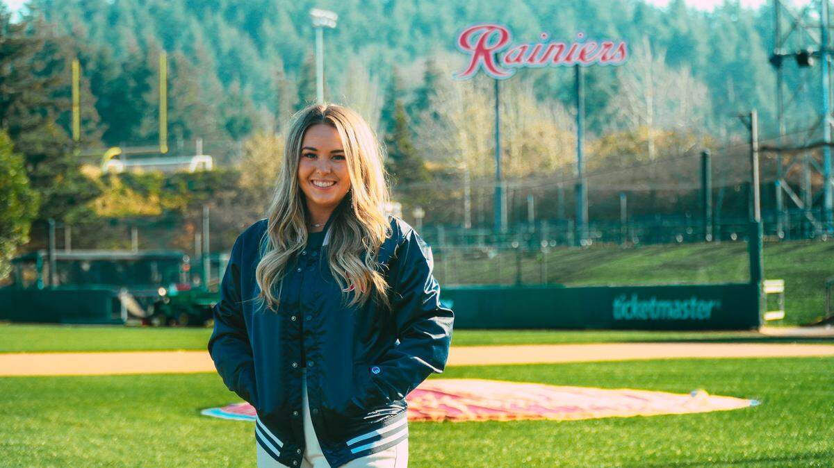 Rylee Pay is the Tacoma Rainiers’ new lead radio broadcaster, pictured at Cheney Stadium in Tacoma, Wash., in Jan. 2025.