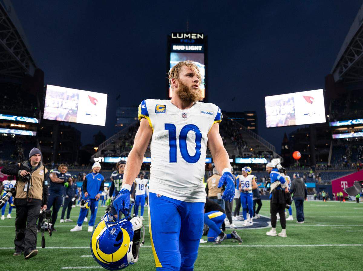 Los Angeles Rams wide receiver Cooper Kupp (10) walks off after the Los Angeles Rams 26-20 overtime victory against the Seattle Seahawks at Lumen Field, on Sunday, Nov. 3, 2024 in Seattle, Wash.