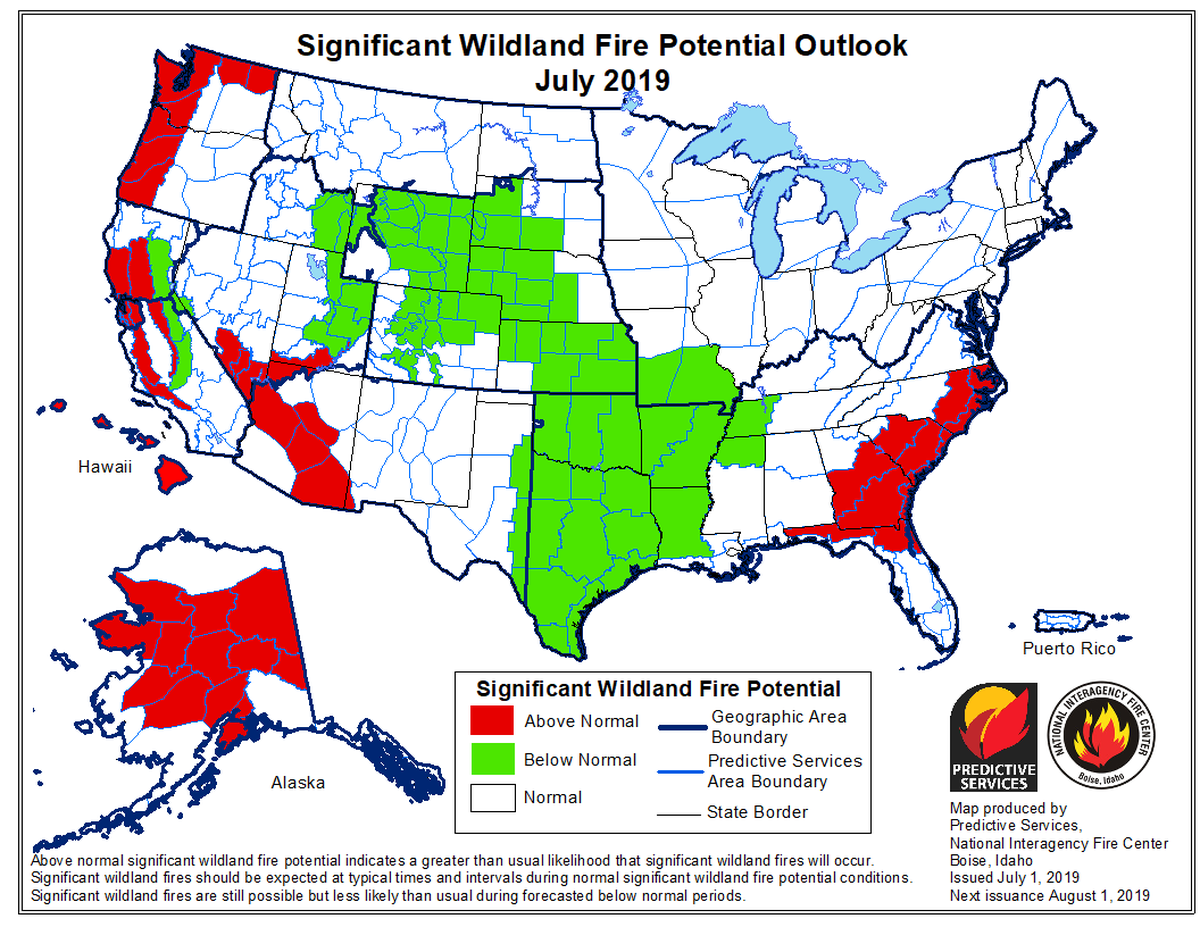 A map predicts above-normal wildfire potential in Western Washington in July 2019.