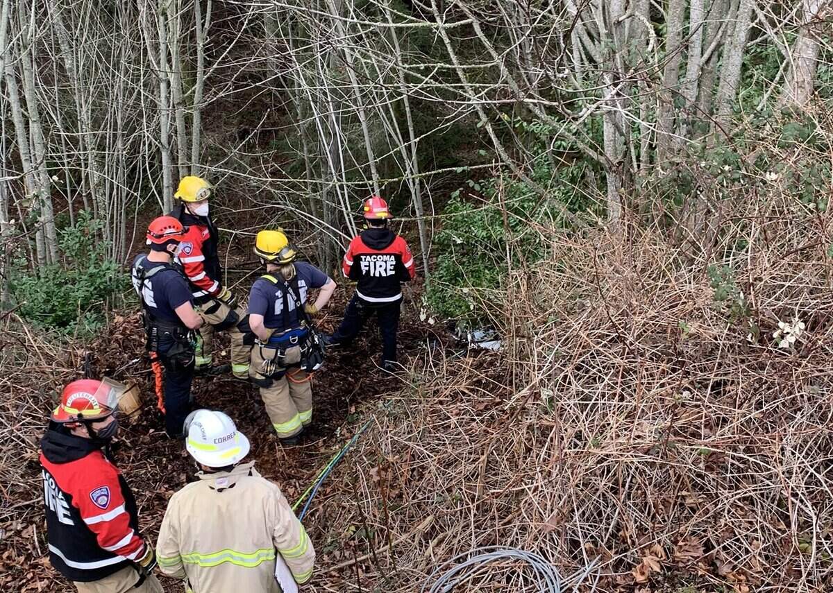 Crews from Tacoma Fire Department rescued two people Wednesday afternoon after their car went over an embankment near the 6600 block of North Marinera Street. 