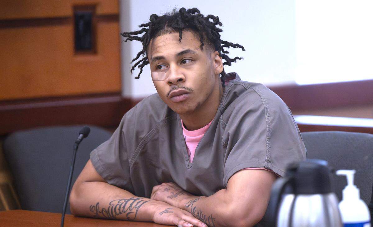 Wearing a bandage to cover his newly acquired teardrop tattoo, Artavious Zyshue Magee appears in Pierce County Superior Court in Tacoma, Washington, on Friday, Jan. 17, 2025, to be sentenced for his reduced charge guilty plea to first-degree manslaughter in the shooting death of 20-year-old Lehman Charrod Tucker in 2023.