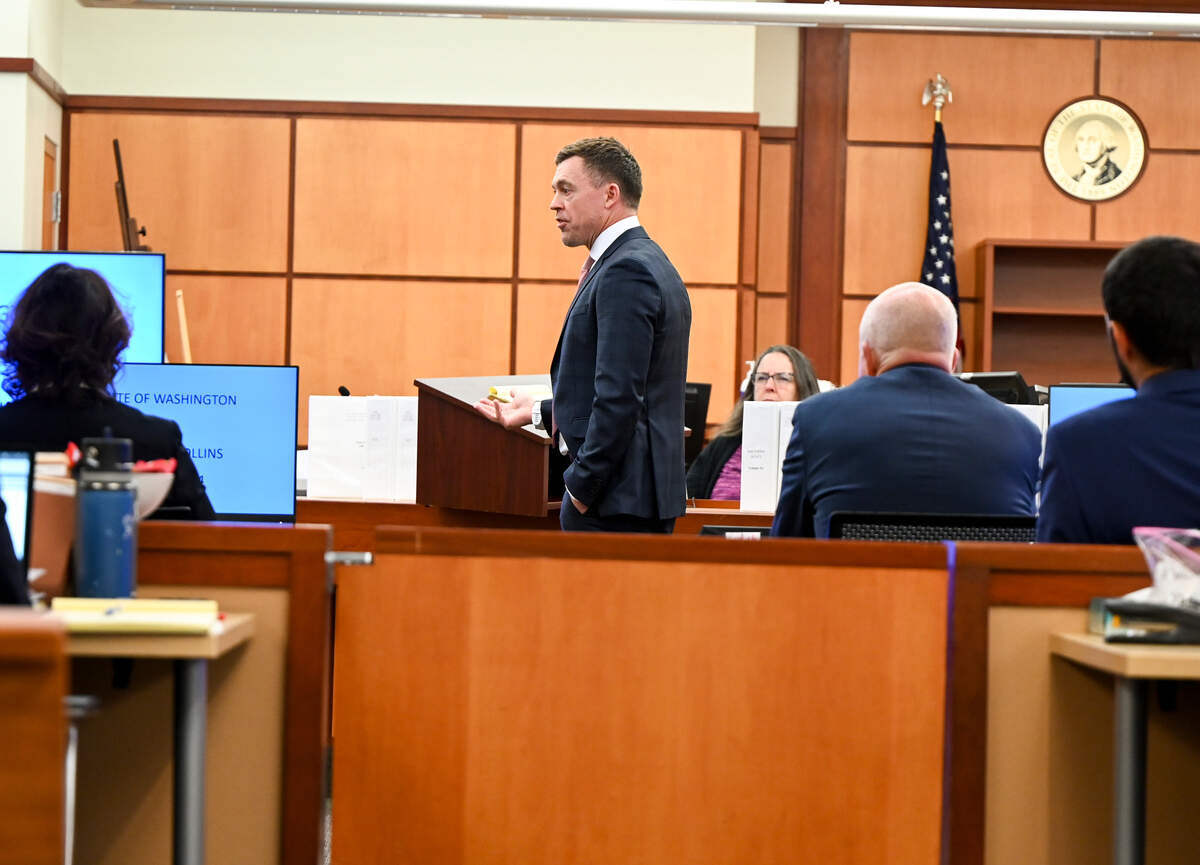 Defense attorney Casey Arbenz gives opening statements on behalf of defendant Matthew Collins during the trial of three Tacoma Police officers in the killing of Manny Ellis at Pierce County Superior Court, Monday, Nov. 13, 2023, in Tacoma, Wash. Tacoma Police Officers Christopher Burbank, Matthew Collins and Timothy Rankine stand trial for charges related to the March 2020 killing of Manny Ellis. (Brian Hayes / Pool Photo – The News Tribune)