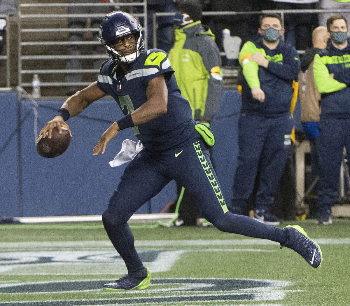 Seattle quarterback Geno Smith makes a final desperation heave from the end zone during an NFL game between the Seattle Seahawks and the New Orleans Saints at Lumen Field in Seattle on Monday, Oct. 25, 2021.The pass was incomplete and the Saints prevailed 13-10.