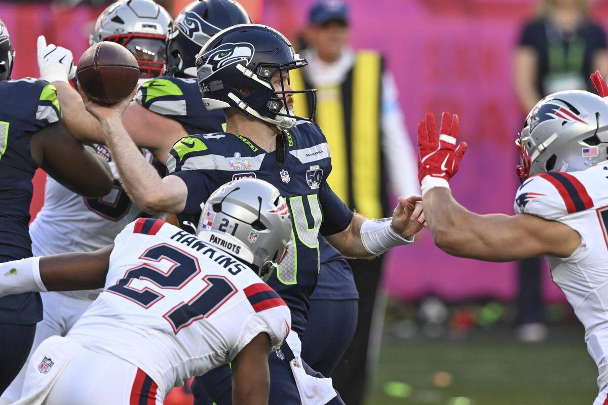 Seattle Seahawks quarterback Sam Darnold (14) throws a pass during Super Bowl LX at Levi’s Stadium in Santa Clara on Sunday, Feb. 8, 2026.