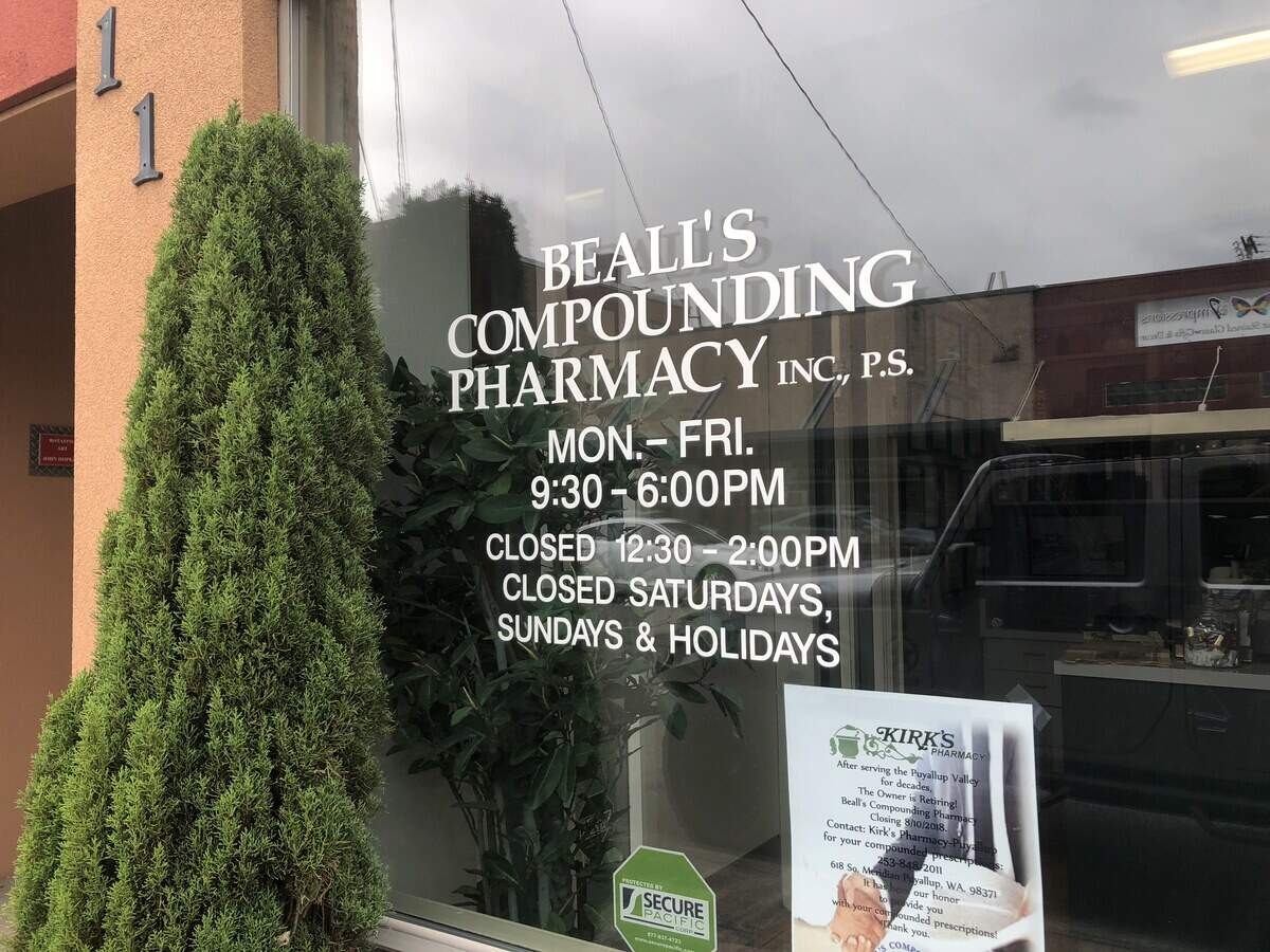 The storefront of Beall’s Compounding Pharmacy at 110 W. Meeker in downtown Puyallup closes its doors this month as owner Mark Norris retires. Aug. 2, 2018