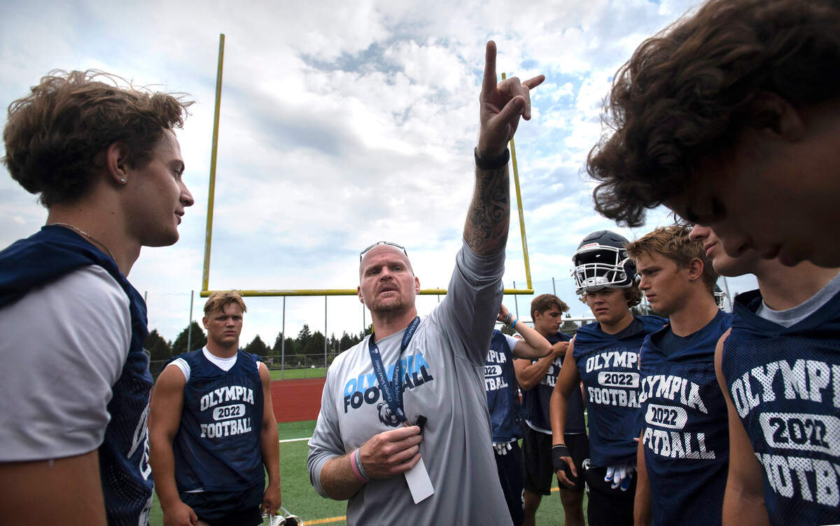 Olympia head coach Nick Mullen brings years of coaching experience as he returns to guide the Bears. He is shown during football practice at Ingersoll Stadium in Olympia, Washington on Friday, Aug. 19, 2022.