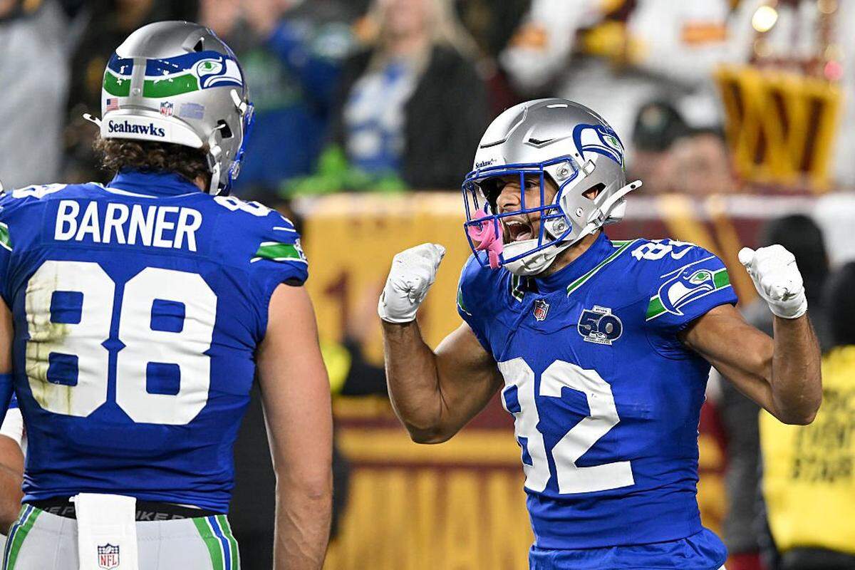 Seattle Seahawks wide receiver Cody White (82) celebrates his touchdown catch with tight end AJ Barner (88) during the second quarter against the Washington Commanders in the game at Northwest Stadium on November 02, 2025 in Landover, Maryland. (Photo by Greg Fiume/Getty Images)