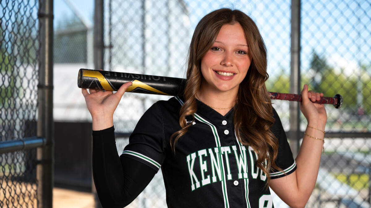 Kentwood pitcher and Arizona commit Sarah Wright poses for a portrait at Kentwood High School, on Thursday, June 6, 2024, in Covington, Wash. Wright is The News Tribune’s 2024 All-Area softball player of the year.
