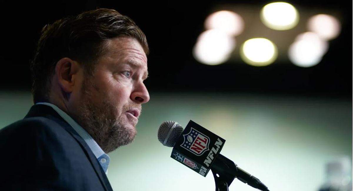 Seahawks general manager John Schneider speaks during a news conference at the NFL football scouting combine at the Indiana Convention Center, Tuesday, Feb. 28, 2023, in Indianapolis.