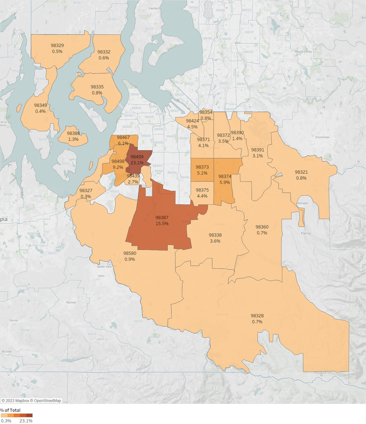 A map of Pierce County shows which areas of Pierce County received more applicants for the Tacoma Housing Authority waitlist in April 2023. Zip codes: 98499 and 98387 (identified in dark brown) had the most applicants.