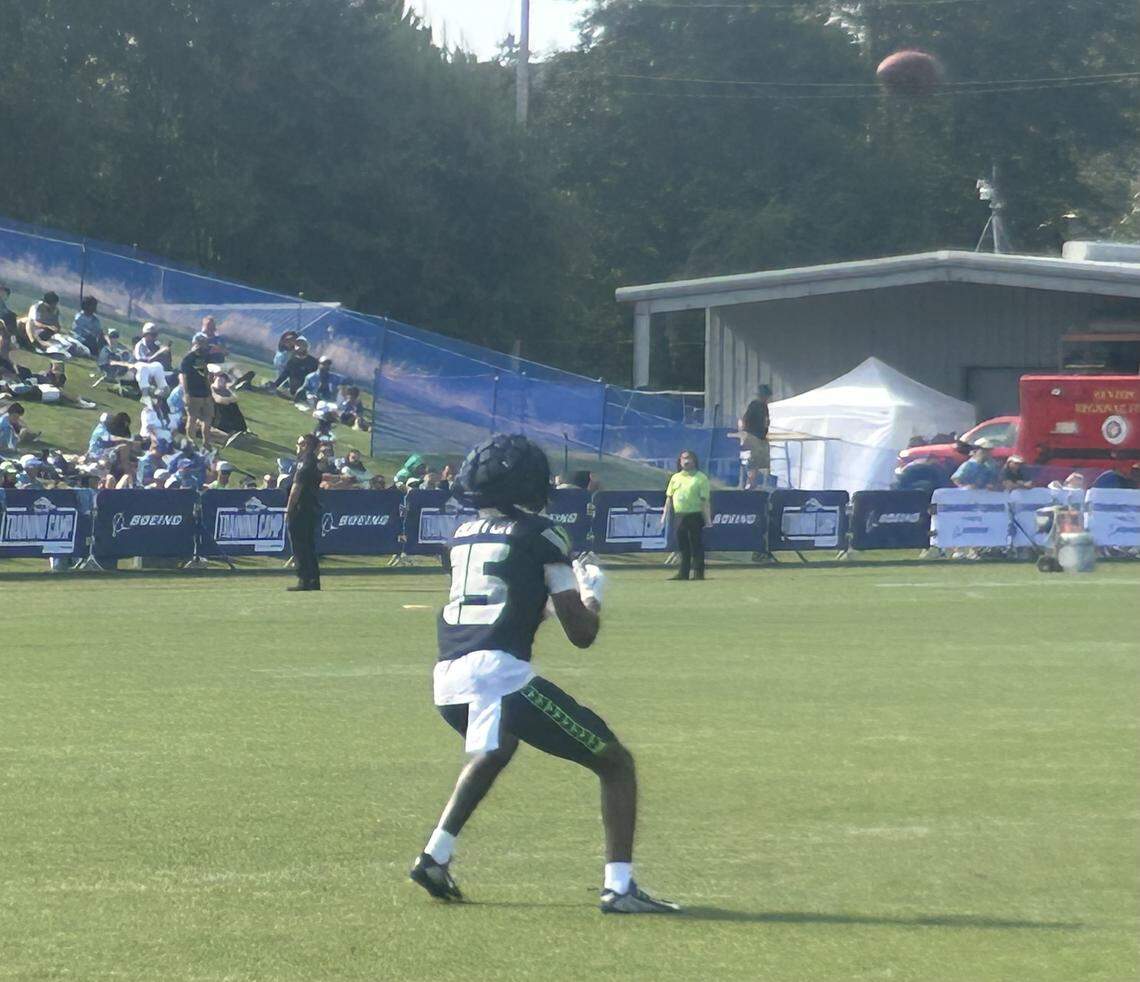 Rookie wide receiver Tory Horton from Colorado State fields a punt during the eighth practice of Seattle Seahawks NFL training camp Thursday, July 31, 2025, at the Virginia Mason Athletic Center in Renton.