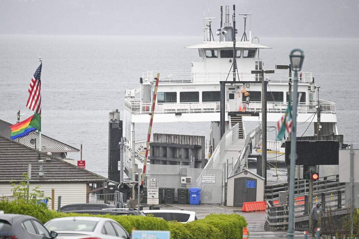 A rainbow Pride flag flies at the Steilacoom ferry terminal on Monday, June 8, 2026, in Steilacoom, Wash.
