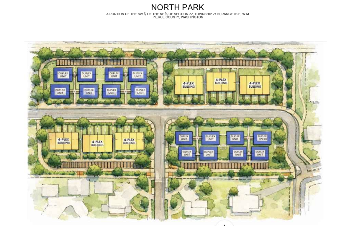 A rendering submitted to the City of Tacoma accompanied a pre-application exploring the development of duplexes and four-plexes on a multi-acre Northeast Tacoma residential lot.