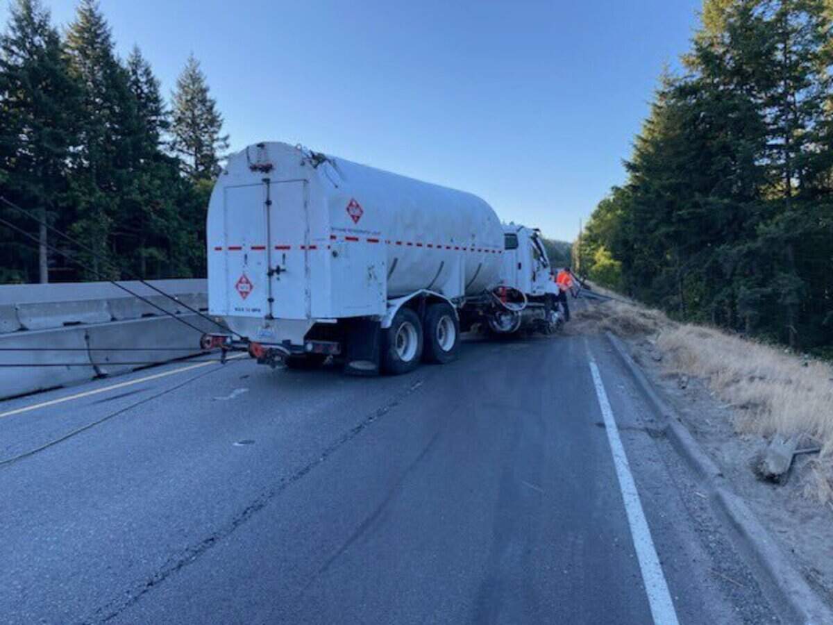 A tanker truck took a spill on eastbound state Route 16 early Aug. 14, 2023. The road opened five hours later.&nbsp;