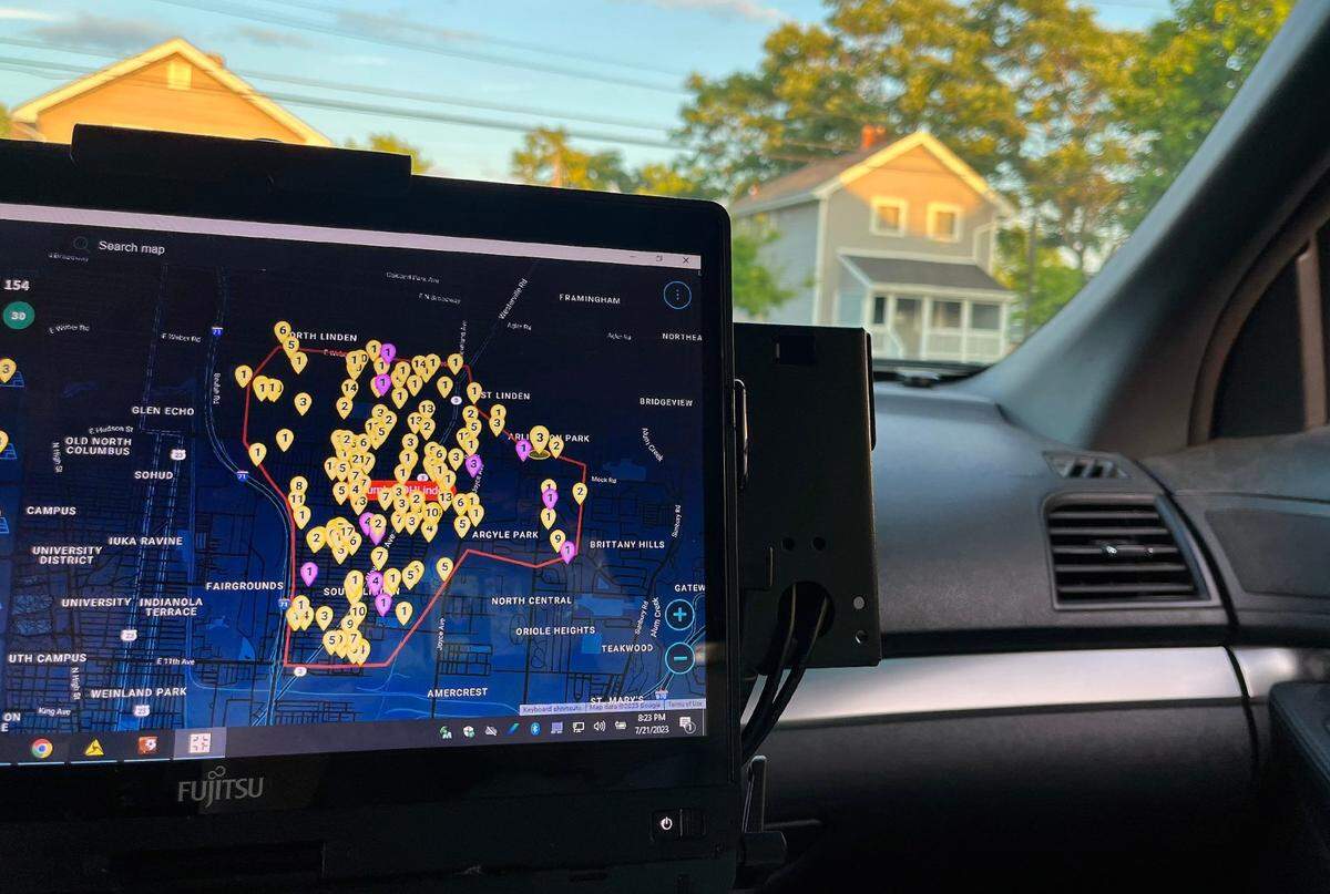 Jul 21, 2023; Columbus, Ohio, U.S.; The Shotspotter technology used by Columbus Police to detect gun fire flashes images of each shot on their dashboard screen.