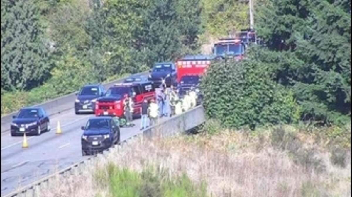 A collision blocked southbound lanes on state Route 167 in Sumner, leading to backups extending up toward Auburn, Wash., Friday, Sept. 19, 2025.