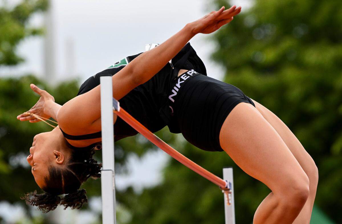 Emerald Ridge’s JaiCieonna Gero-Holt attempts to clear 6-foot in the 4A girls high jump during day 3 of the Track and Field Championship at Mount Tahoma High School, on Saturday, May 25, 2024, in Tacoma, Wash.