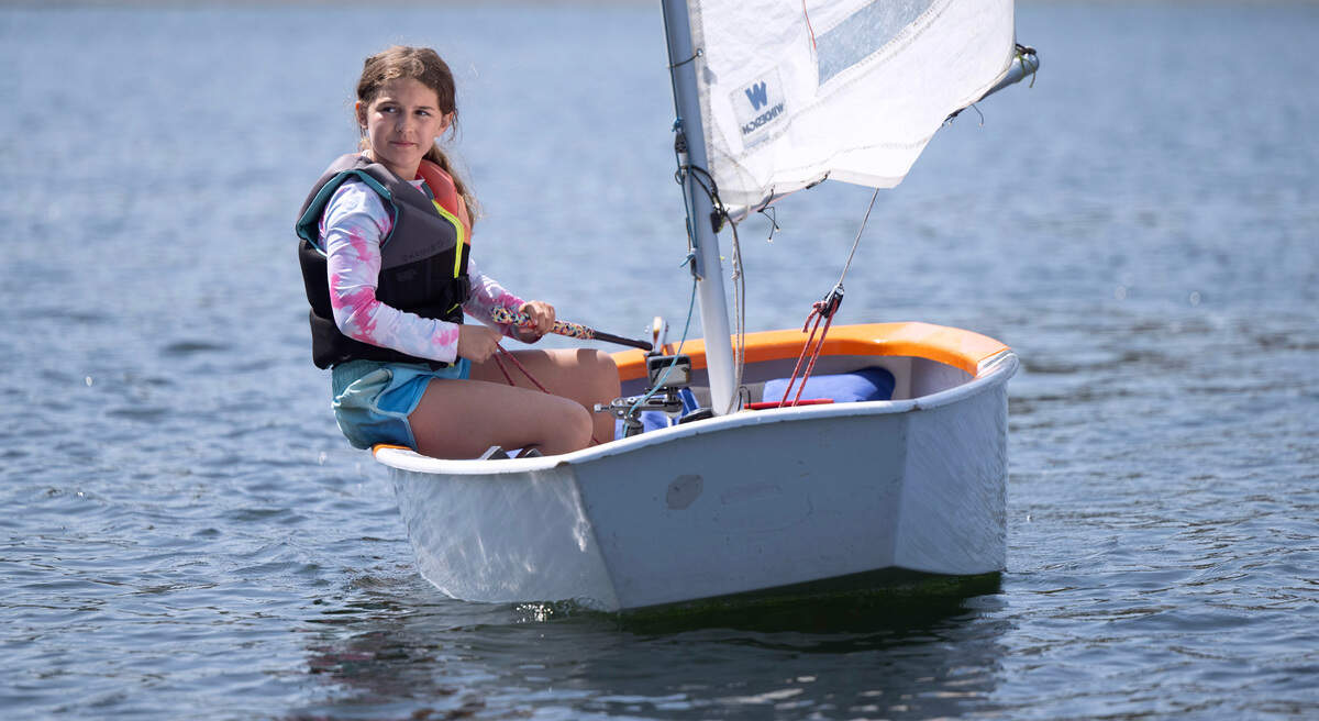 Gig Harbor Junior Sailing Program student Kendall Dowd sails in Gig Harbor, Washington, on Friday, July 26, 2024.