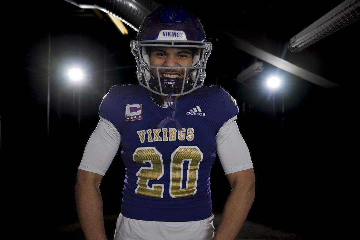 Puyallup junior linebacker Michael Pulalasi poses for a portrait after being selected as first-team defense for The News Tribune’s 2025 All-Area football team at Mount Tahoma High School, on Sunday, Dec. 7, 2025, in Tacoma, Wash.